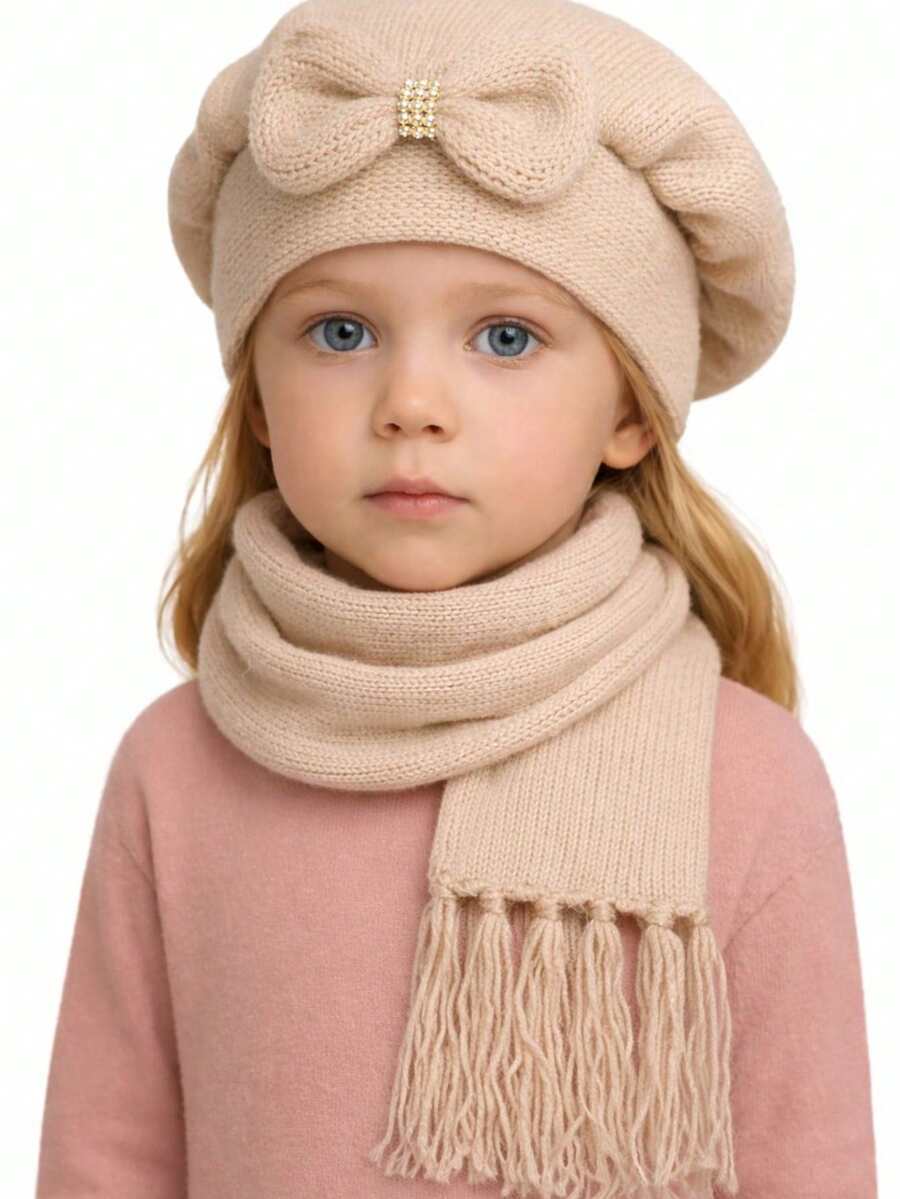 Children's Wool Beret And Scarf Set With Bow, Various Colors. - 米色 - 查看 1