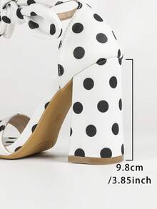 SOLE STORY Women's Chain Printed Polka Dot Tie-Up Open Toe Chunky Heel Sandals, Retro Fashion Style, Multi-Color Satin Printed Mid-Heel Sandals, Suitable For Fashionable Parties,Summer Outfits - Black and White - View 8