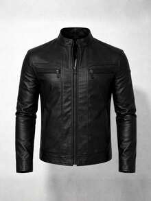 Men's Waterproof Faux Leather Jacket - 黑色 - 查看 3