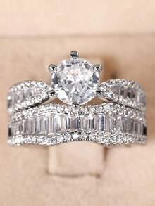 2pcs Luxurious Cubic Zirconia Stone Rings, Suitable For Women, Ideal For Weddings, Engagements, Anniversary Parties, Valentine's Day Gifts - Silver - View 2