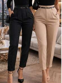 Set Of 2 Plus Size Tailored Dress Pants For Women With Belt - 黑色/米色 - 查看 1