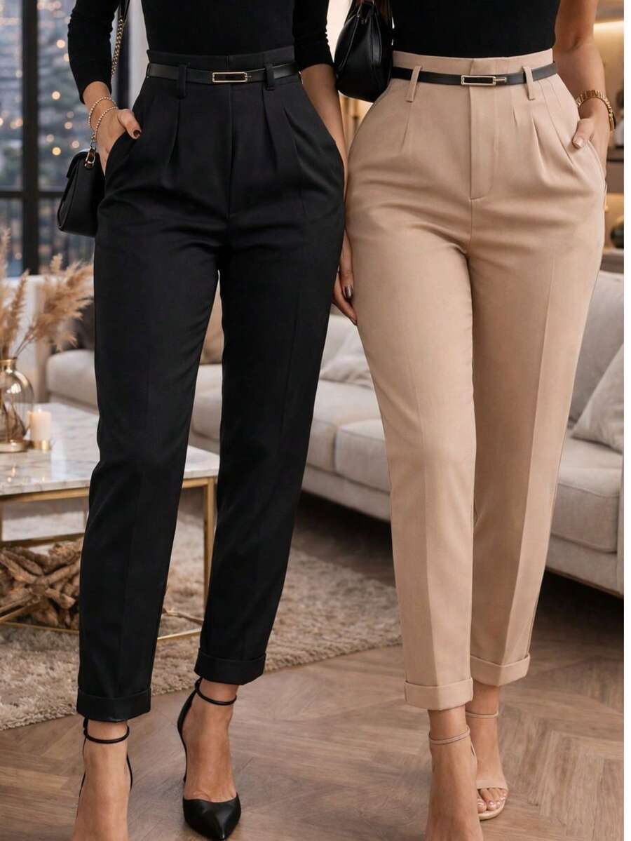 Set Of 2 Plus Size Tailored Dress Pants For Women With Belt - 黑色/米色 - 查看 1