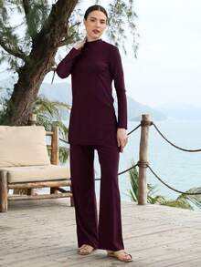 VFJ Women's Burgundy High Waist Burkini Set With Round Neck Long Sleeve Top, Casual High Stretch Swimwear For Fall Winter Vacation Beach Summer - Purple - View 3