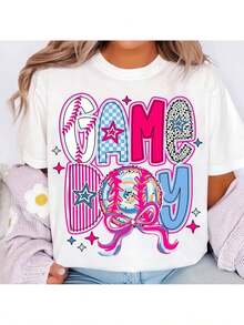 Women's Colorful Game Day Print T-Shirt - Fun, Festive Casual Tee With Unique Lettering Design And Softball Pattern, Perfect For Sporting Events And G - White - View 1