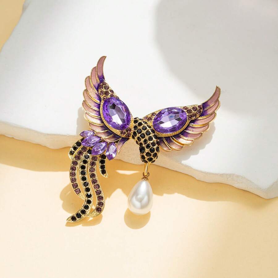 1pc Luxury Enamel Hummingbird Pearl Rhinestone Brooch, Gold-Plated Purple Cubic Zirconia Hummingbird Lapel Pin, Elegant Natural Style Accessory, Exquisite Gift For Her - Hummingbird - View 1