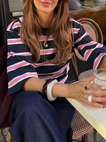 新款时尚优雅针织条纹短袖罗纹圆领休闲T恤，适合日常、上学、度假、早午餐等场合，粉色夏季款 - 粉色 - 查看 3