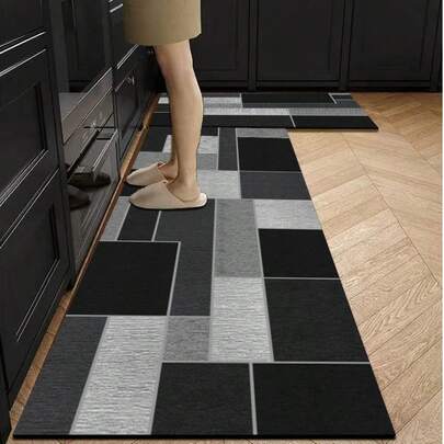 1pc Modern Minimalist Geometric Patchwork Design Silica Gel Kitchen Backsplash, Featuring Black, Dark Gray, And Light Gray Color Blocks In Varying Rectangular And Square Shapes Outlined With Fine White Lines To Create A Sophisticated Morandi Gray Tone, Combining Fashionable Aesthetics And Easy-To-Clean Practicality.