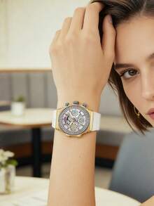 Guess Women's Quartz Analog Display Watch, Rose Gold Silicone Strap, Stainless Steel Case, Rhinestone Silver Dial, Suitable For Christmas, Birthday, Party, And Daily Wear - Silver - View 3