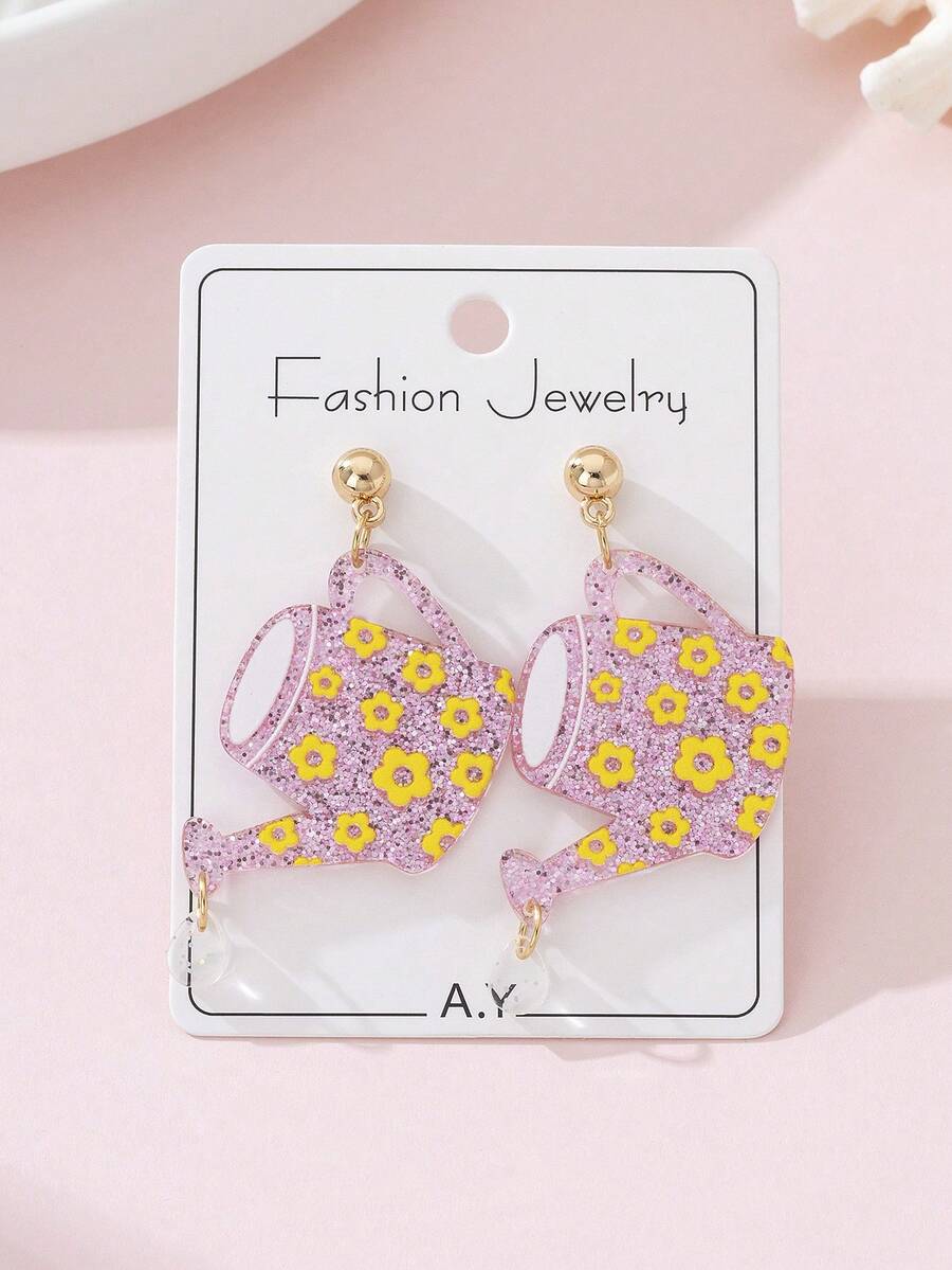 一对夏季度假可爱浇水壶造型女士时尚耳环，节日派对完美装饰 - 淺粉色 - 查看 1