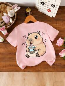 女童休闲趣味印花圆领短袖T恤，夏季上衣 - 粉色 - 查看 6