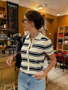 Áo len nữ dáng casual, kẻ sọc, cài cúc phía trước, khóa kéo, chất liệu dệt kim gân. - Màu be - Xem 4