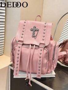 Dedoo Mochila vintage con remaches, mochila de viaje de estilo retro punk, mochila de mujer de estilo gótico y preppy - Rosa - Ver 7