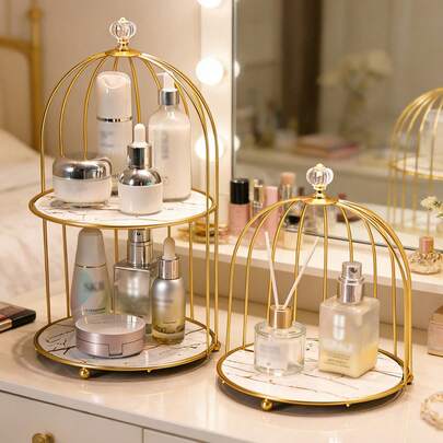 1件金属化妆品收纳架，香水展示架，防锈鸟笼架，设计精美，适用于纸杯蛋糕、蛋糕、水果、零食、婚礼、派对、甜点展示、托盘、家居装饰、珠宝和化妆品收纳。