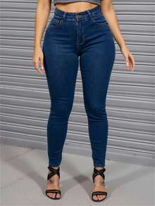 Jeans Vaqueros De Mezclilla Lisos Ajustados - Azul Marino - Ver 2