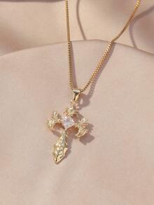 1 pieza Collar de cruz vintage de lujo para mujer, joyería elegante con centro de corte cuadrado, estructura de rombo, tono plateado y dorado, versátil para la noche, citas, uso diario, accesorio de alta gama, opción de regalo - Multicolor - Ver 3