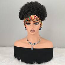 Black Curly Wig With Red Butterfly Print Headwrap – Synthetic Hair, Easy Wear Turban Style - Black - View 2