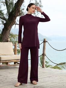 VFJ Women's Burgundy High Waist Burkini Set With Round Neck Long Sleeve Top, Casual High Stretch Swimwear For Fall Winter Vacation Beach Summer - Purple - View 2