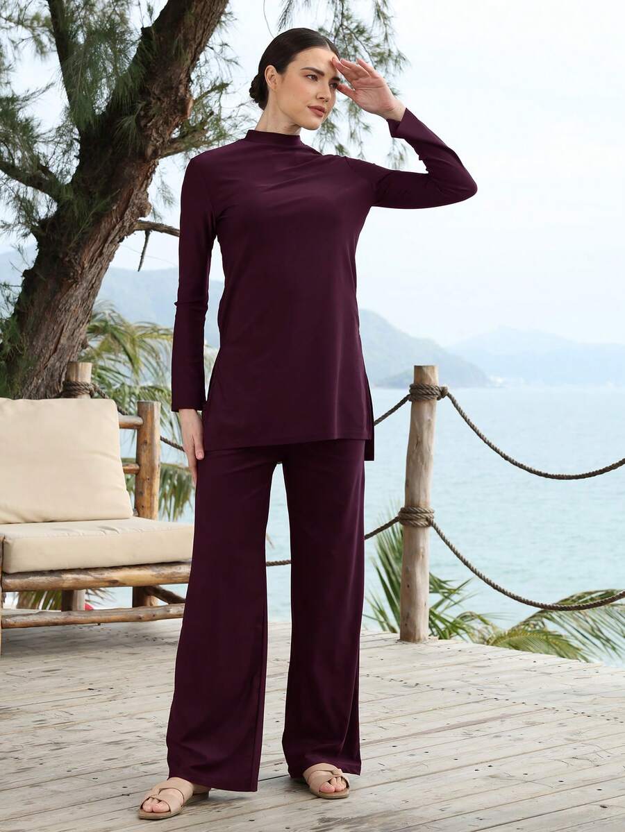 VFJ Women's Burgundy High Waist Burkini Set With Round Neck Long Sleeve Top, Casual High Stretch Swimwear For Fall Winter Vacation Beach Summer