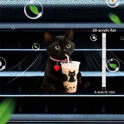 2D Flat, 1pc Cute Black Cat Drinking Milk Tea Car Vent Clip Decoration, "Fragrance-Free", Comes With Two Odorless Sponge Sheets, Freshens Car Air, Fragrance-Free, 2D Flat Acrylic Luxury Cartoon Decoration, Ideal Valentine's Day Gift, You Can Add Your Own Fragrance.
