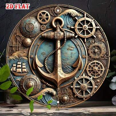 2D Flat, 1pc Vintage Metal Sign With Copper Anchor, Gear And Ship Wheel - Round Wall Art, Suitable For Farmhouse, Cafe, Beach House, Backyard - Indoor Decor, 7.8x7.8 Inches, Maritime Decoration, Perfect Room Decor (Hole Position Random)