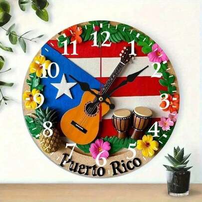 1 Puerto Rico Themed Silent Wall Clock - Tropical Style Decoration, Guitar, Bongos, Hibiscus Flower - Puerto Rico Flag Colors - Battery Included - Suitable For Living Room, Bedroom, Office, Cafe - Latin American Cultural Home Gift, Festive Design, Exquisite Craftsmanship,Wall Decor,Room Decor,Home Deocr,House Essentials,Spring Summer Picks