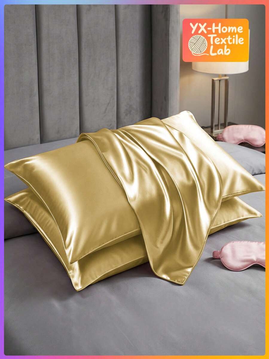2pcs Soft Breathable Solid Satin Pillowcases, Comfortable Sleep, Suitable For Bedroom & Living Room, Machine Washable, Home Decor - Gold - View 1