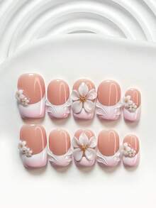 10件套通勤风手工美甲套装，包含凝胶指甲油套装、手工五瓣白花美甲装饰、3D白色山茶花、手绘纯色波纹、粉白指甲油，以及美甲工具（1个果冻贴纸+1个指甲锉）。提供三种尺寸：方形、短方形和杏仁形指甲。适合派对、日常佩戴、聚会、拍照、约会、春夏通勤等场合。 - 彩色 - 查看 4