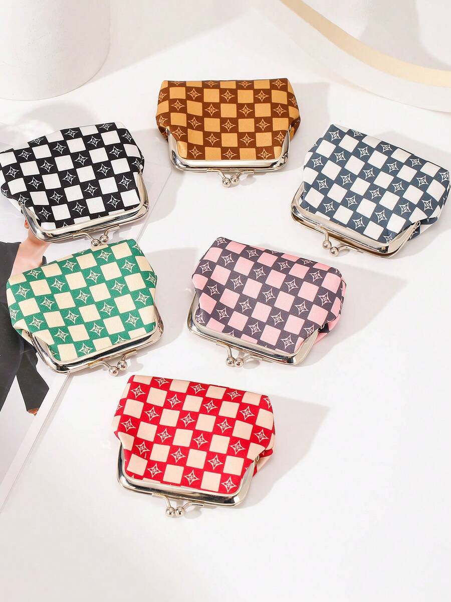 1pc Vintage Checkered Pattern Kiss Lock Coin Purse For Women, Mini Portable Small Wallet, Cute Star Print Clasp Pouch For Coins Cards Lipstick, Fashion Daily Accessory Wallet Mini Wallet Purse Wallet Cute Wallet Coin Wallet Travel Essential Summer - Multicolor - View 1