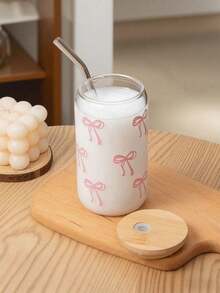 1 pieza Taza de café de 16 onzas con patrón de lazo transparente, tapa de bambú y pajita, gran capacidad para bebidas/jugos portátiles para exteriores, adecuada para verano e invierno, regalo de fiesta de cumpleaños/festividad, regalo de Navidad, botella de agua de vidrio, taza, taza de café con hielo, artículo lindo, regalo para dama de honor, taza de vidrio, frasco de vidrio, estético, regalo para mujeres, regalo del Día del Padre - Multicolor - Ver 3