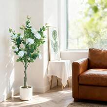 Lot de 2 rosiers artificiels, 120 cm, plante artificielle moderne avec fleurs en soie, feuilles en plastique et pot blanc - Décoration sans entretien pour la maison ou le bureau - Blanc - Voir 2