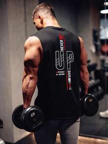 Camiseta de tirantes con estampado de lema motivacional de fitness, camiseta de cuello redondo para hombre de gimnasio y entrenamiento, estilo deportivo americano - Negro - Ver 2