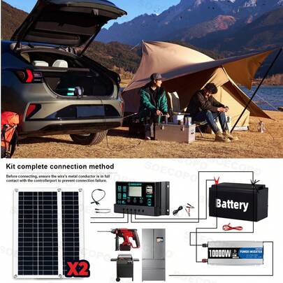 Kit de inicio solar DIY: Inversor de 10000W (12V-110V/220V) + 2 paneles solares + Controlador de carga de 100A