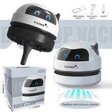 RAF 1 pieza Mini aspiradora de escritorio, portátil y recargable por USB, con diseño de robot lindo, herramienta de limpieza de escritorio silenciosa para recoger pequeños artículos, migas, trozos de goma de borrar, regalo ideal para vuelta al cole, Halloween, Navidad, cumpleaños - Mango corto de mano - Ver 3