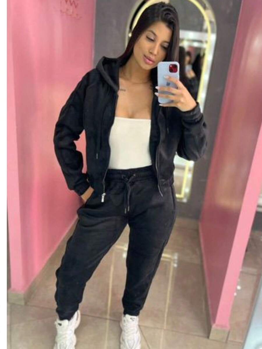 conjunto de plush feminino ,conjunto de frio femenino ,moletom plush feminino - Preto - Visão 1