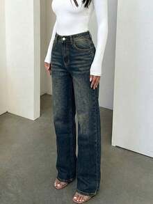 Plus Size Women Retro Minimalist Elastic Waist Loose Straight Leg Jeans Casual - Navy Blue - View 2