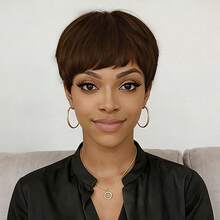 100% Brazilian Human Hair Wig Short Pixie Cut #4 Brown Straight Hair Elastic Mesh Cap Suitable For Daily Wear And Special Occasions - Women's Wig - S4 - View 10