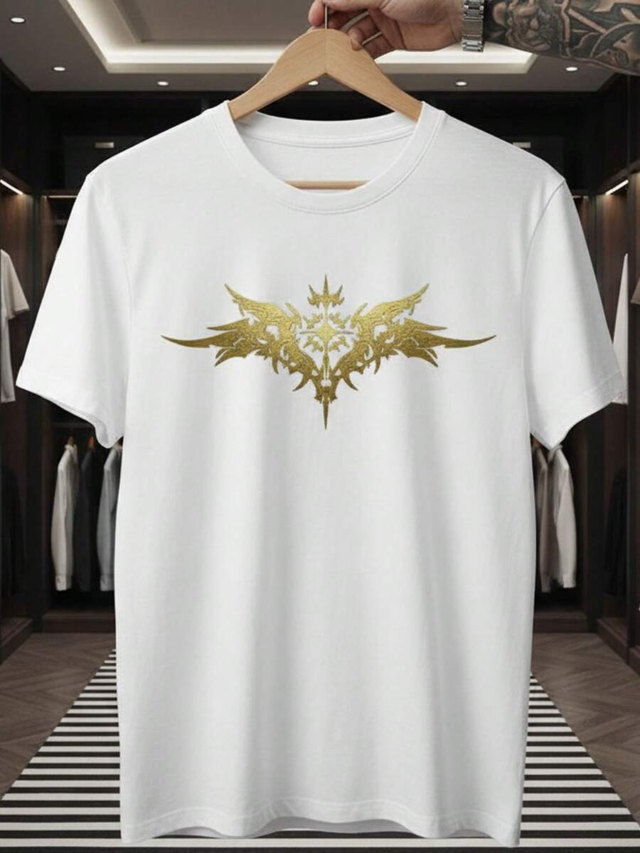 Camiseta Estilosa Masculina Feminina Unissex Estampada Cruz Anjo Asas Dourado Malha Premium Manga Curta Camisa Gola Redonda 100 % Algodão - Branco - Visão 1