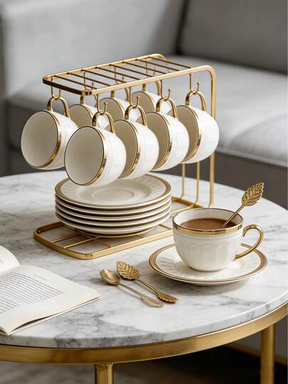 Juego de té de cerámica de 6 piezas chapado en oro con puntos, que incluye tazas de café y platillos, apto para lavavajillas. Ideal para la cocina del hogar, la decoración de la mesa de comedor, el té de la tarde, tomar café, regalos personalizados, suministros de cocina, Ramadán, reuniones, cumpleaños, bodas y cenas. Adecuado como regalo del Día de San Valentín para él (marco no incluido)