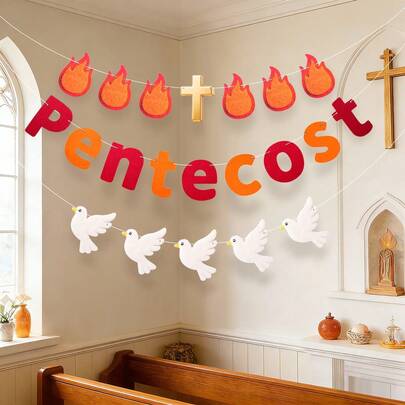 Trang trí tiệc Lễ Ngũ Tuần bằng phông nền, biểu ngữ treo tường, đồ trang trí nhà thờ, chủ đề Thánh giá ngọn lửa đỏ và chim bồ câu, sắp xếp sự kiện rửa tội trong nhà thờ Cơ đốc giáo.