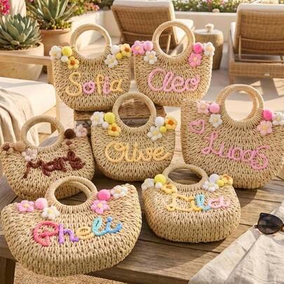 1pc Personalized Woven Tote Bag With Name, Portable Small Straw Bag, Pink Girly Style Handbag, Suitable For Girls, Bohemian Beach Bag, Summer Travel Bag, Bridesmaid Gift, Unique Birthday Gift For Her