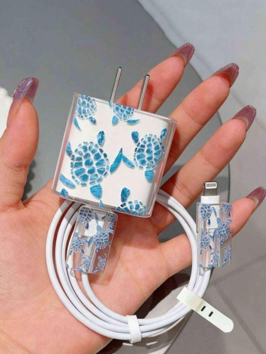 4个透明贝壳蓝色海龟TPU保护壳，兼容苹果20W/18W充电器和数据线，防摔 - 彩色 - 查看 1