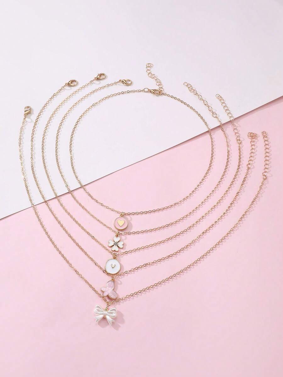Set de 5 collares con diseños de mariposa, flor y corazón, adecuado para decoración diaria para niñas y adolescentes - Multicolor - Ver 1