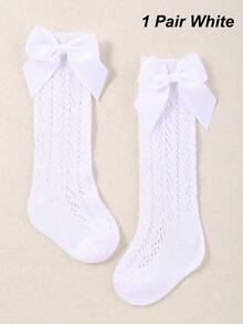 1/5 Paar Baby Schleife Dekoration Mesh Über-die-Knie Socken, weich bequem atmungsaktiv, Kleinkind Kleid Socken, Mädchen Socken, Weiß, Rot verfügbar - Weiss - Übersicht 9