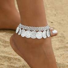 1pc Fashionable Metal Disc Pendant Anklet, Suitable For Beach Vacation Wear - Silver - View 2