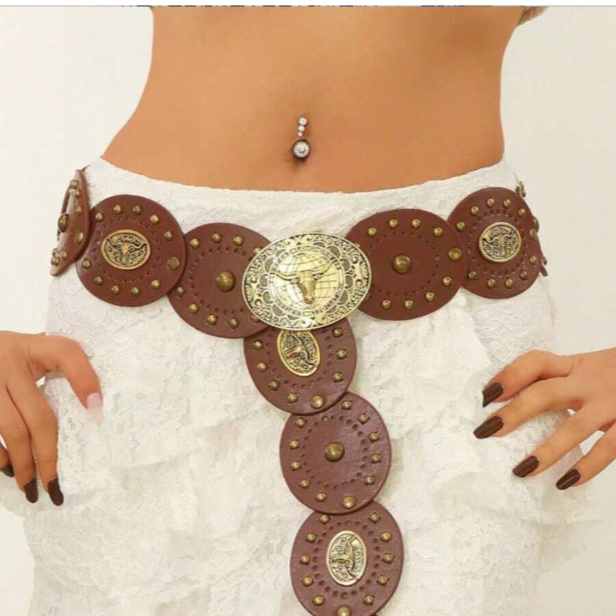Bohemian Style Turquoise Metal Vintage Carved Waist Chain, Fashion Waist Belt Accessory For Dress - Brown Bull Head - View 1