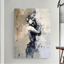 Enmarcado 1 Pieza de Pintura al Óleo de Pareja Abrazada Hecha a Mano - Obra de Arte Romántico Pintado con Espátula, Tono Gris Profundo, Decoración Minimalista para Pared, Ideal para Hogar, Boda, Aniversario - Elegante Abrazo de Pareja - Enmarcado - Ver 5