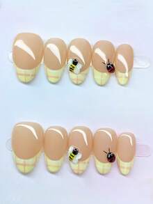 10pcs Cream-Colored French Manicure 3D Bees & Ladybugs Cute Girl Nail Art Decals, Suitable For Daily Wear, Press-On Nail Stickers, Y2K Baddie Nail Accessories Press On Nails - Yellow - View 2