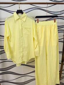Linen Shirt And Pants Set (2 Pieces), Lined With Elastic. - Yellow - View 1