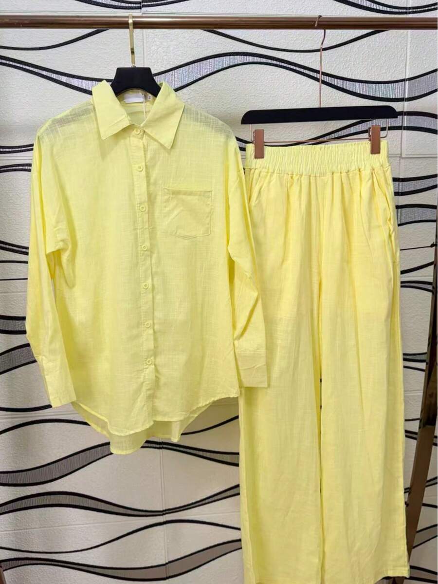 Linen Shirt And Pants Set (2 Pieces), Lined With Elastic. - Yellow - View 1