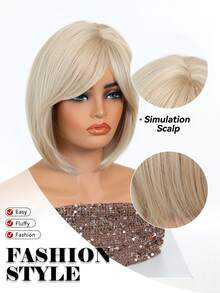 10英寸金根深色发根假发，金色短直波波头假发，耐热合成刘海假发（女士款），黑白中分短直发假发，美丽日常女士合成假发 - 金色 - 查看 7